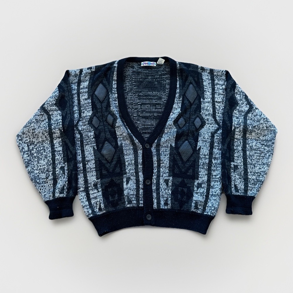 Vintage Permit Cardigan‎ Mens L Knit Acrylic 80s 90s Retro Sweater Black Gray